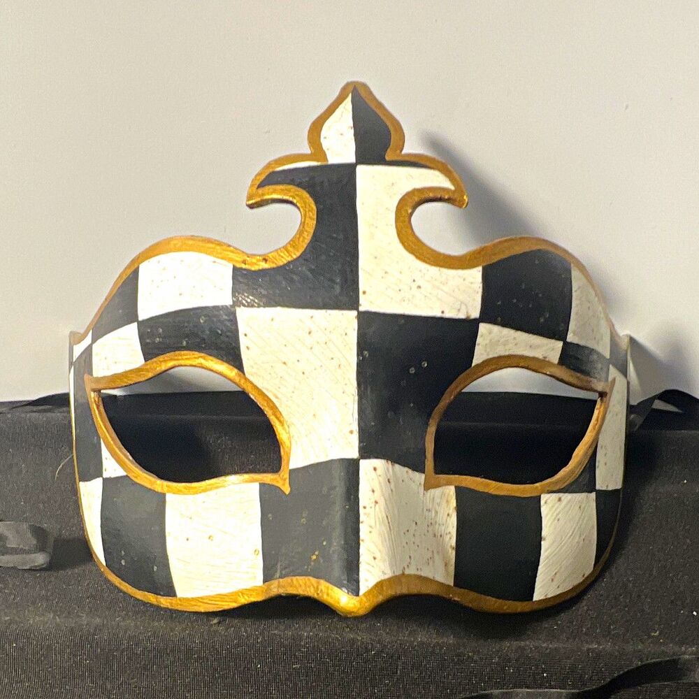 Agostino Dessi Black White Checkered Gold Trim Half Face Paper Mache Mask